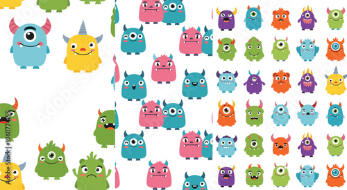 Cute cartoon monster characters set with colorful funny creatures, different emotions, horns and fantasy mascot designs vector illustration collection