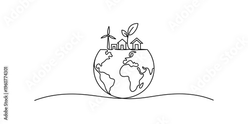 Continuous line drawing of planet earth with wind turbine house and sprout for green energy concept