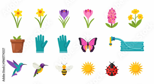 Colorful garden insects and flowers icons.