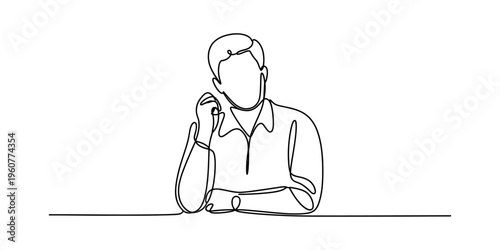 Continuous line drawing of a thinking man sitting at a desk with his chin on his hand.