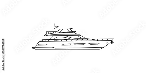 A simple black line drawing of a modern luxury motor yacht with multiple decks and a sleek design.