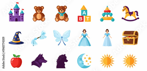 Colorful icons of childrens toys and symbols.