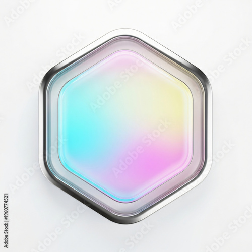 Hexagon translucent glass icon with a vibrant rainbow gradient.