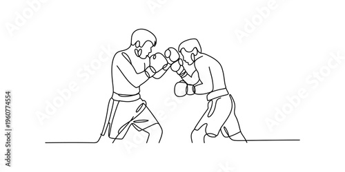 Continuous line drawing of two professional boxers fighting in a competitive match.