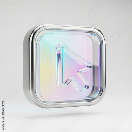 Realistic iridescent K icon with a silver frame, vibrant reflections
