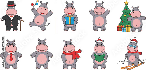 Cute hippopotamus characters set with festive outfits, gifts, winter activities and funny poses cartoon vector illustration collection