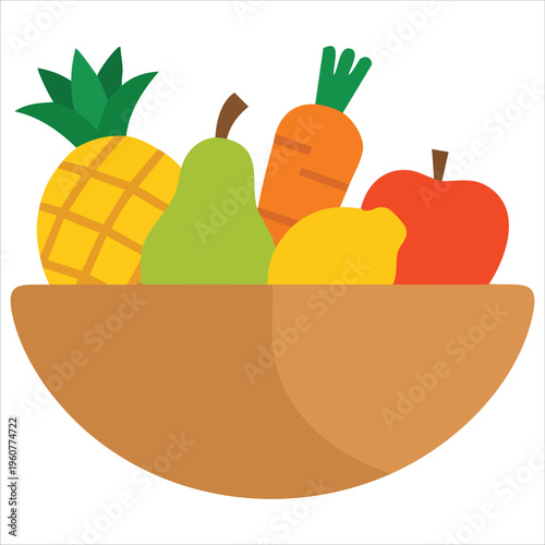 Wicker Basket Filled With Various Fresh Fruits In Cartoon Style Isolated Vector Illustration On White Background