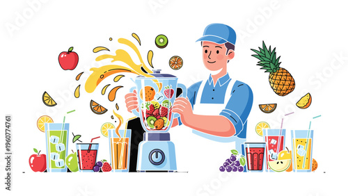 Smoothie Creation: A skilled individual crafts a vibrant and nutritious beverage, blending fresh fruits in a modern appliance, resulting in a splash of health and flavor.