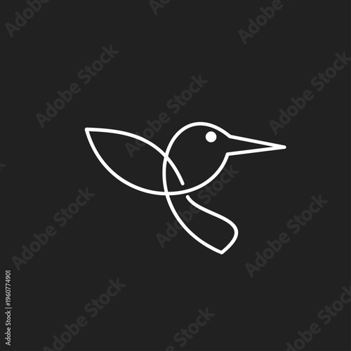 Minimalist Flying Hummingbird Line Art Logo. Elegant Bird One Line Drawing Vector Icon on Dark Background.