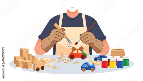 Crafting Dreams: An artisan's hands meticulously carve and paint wooden toys, transforming raw materials into cherished objects.