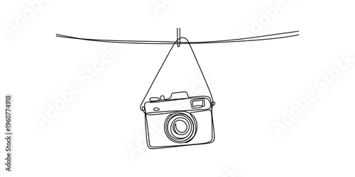 Minimalist single line art illustration of a retro photo camera hanging from a horizontal rope.