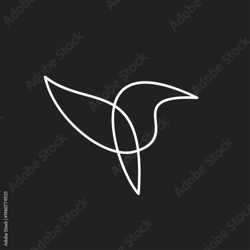 Minimalist Continuous Line Art Drawing of a Flying Bird or Hummingbird Logo on Dark Background