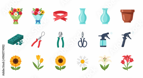 Gardening tools and flowers icons set.