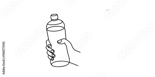 A simple line drawing of a person's hand holding a plastic water bottle against a white background.