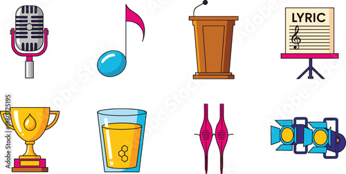 Singing performance and musical stage equipment icon set