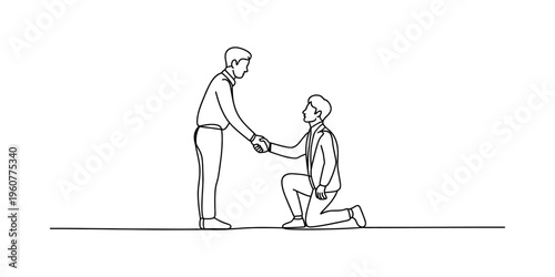 Continuous line drawing of a man kneeling and shaking hands with another standing man.