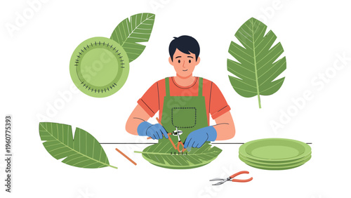 Crafting with Nature's Essence: A skilled artisan meticulously fashions eco-friendly tableware from vibrant, fresh plant leaves, showcasing sustainability.
