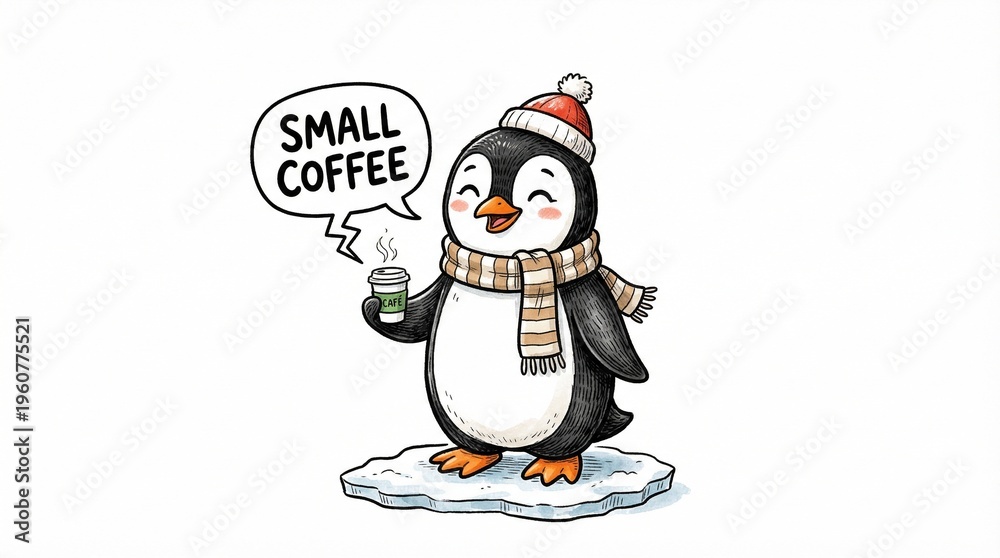 Obraz premium Penguin holding small coffee cup and smiling on ice 