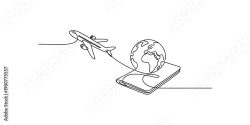 Minimalist single line art illustration of an airplane globe and passport for global travel