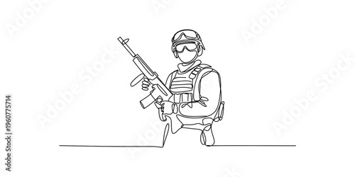 Continuous line drawing of a soldier in full tactical gear holding an assault rifle