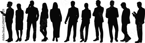 Silhouettes of twelve business professionals standing in a row, symbolizing teamwork, leadership, corporate diversity, communication, and organizational unity in modern workplace environments