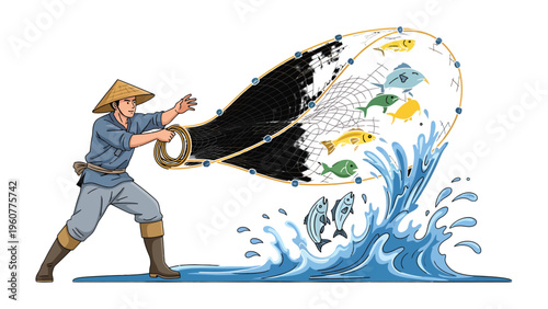 Fisherman Casting Net: Capturing the moment of a fisherman expertly casting his net, a dynamic scene of skill, tradition, and the pursuit of the sea's bounty.