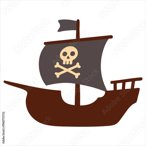 Cartoon Pirate Ship With Skull And Crossbones On Sail For Adventure Isolated Vector Illustration On White Background