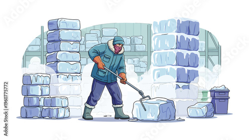 Ice Worker in Cool Store: An individual diligently works within a chilly store, using a tool to manage and organize ice blocks. the image captures the essence of a manual labor.
