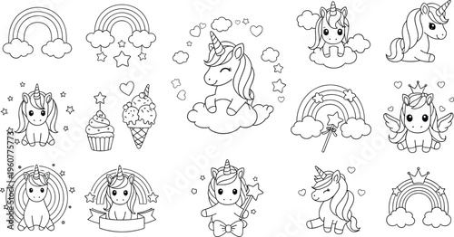Cute unicorn coloring page set with rainbows, clouds, stars and magical fantasy characters outline vector illustration collection for kids activity