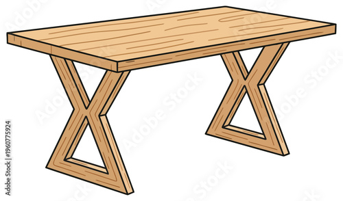 Table wooden work desk illustration with X shaped support legs for workspace furniture