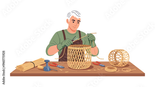 Artisan Crafting: A skilled artisan meticulously weaves fibers, bringing life to a rustic basket in a focused display of craftsmanship and the beauty of handmade objects.