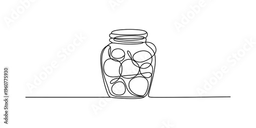 Continuous line drawing of a glass jar filled with round shapes on a white background.