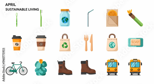 Sustainable living icons on white background.