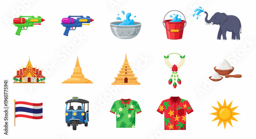 Thai festival water splashing icons set.