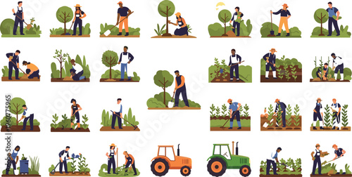Farmers working in agriculture set with planting, harvesting, gardening and tractor activities rural lifestyle flat vector illustration collection