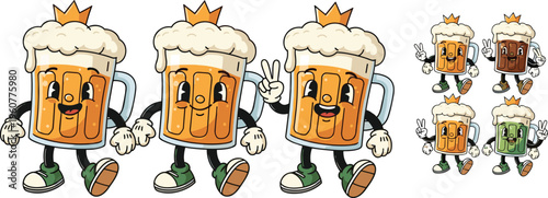Funny beer mug characters set with cartoon glasses, foam crowns and cheerful expressions for pub, festival and party vector illustration collection