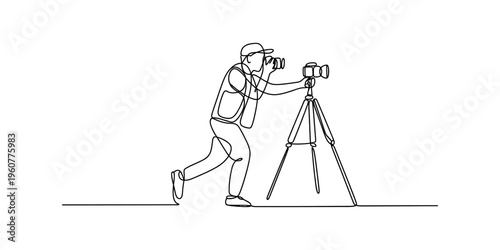 Continuous line drawing of a professional photographer using a camera mounted on a tripod