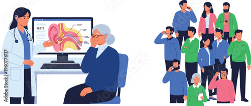 Hearing test and audiology concept with doctor examining ear, patients checking hearing and using devices flat vector illustration collection