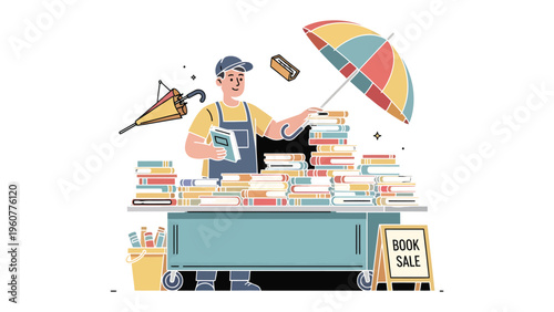 Literary Haven Under the Sun: A friendly bookseller stands beside a bustling stall, offering a curated collection of literary treasures, sheltered by a colorful umbrella.