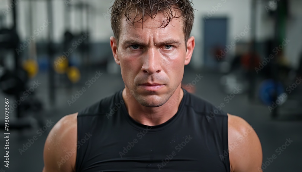 Obraz premium A muscular man with a determined expression in a modern gym after an intense workout session