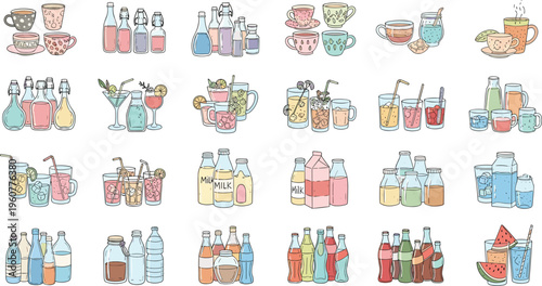 Hand drawn drink collection with coffee, tea, juice, milk and cocktail beverages in cups, glasses and bottles colorful vector illustration 