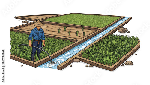 Farm Irrigation: A hardworking farmer meticulously irrigates his meticulously cultivated farmland, showcasing sustainable agricultural practices and environmental consciousness.