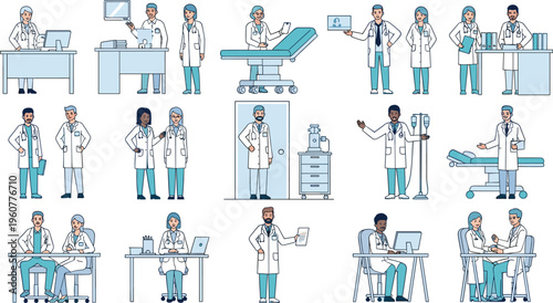 Medical professionals and healthcare workers set with doctors, surgeons and hospital staff in various situations flat vector illustration collection