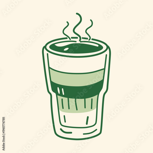 Latte glass layered. Layered latte in tall glass with milk and coffee, hand-drawn green outline style.
