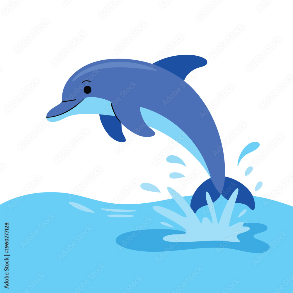 Obraz premium Playful Cartoon Dolphin Leaping Joyfully Through Sparkling Ocean Waves