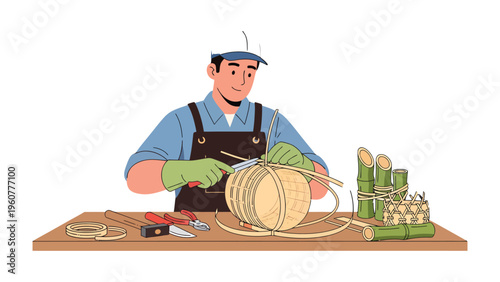 Craftsman at Work: A skilled artisan meticulously works on a craft project at a wooden table, concentrating on the intricate process with focus and dedication.