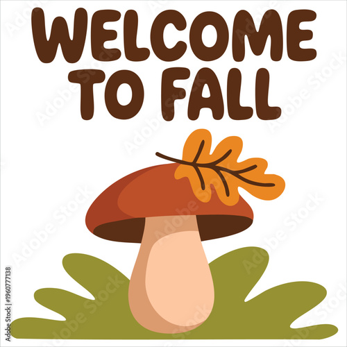 Autumn Forest Poster Featuring Boletus Mushroom Among Yellow Leaves and Greenery