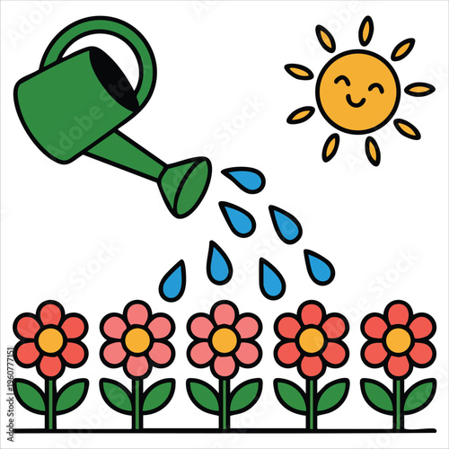 Beautiful Hand Drawn Garden Landscape with Flowers Trees and Greenery isolated vector illustration on white background