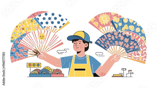 Fan Vendor's Colorful Showcase: A cheerful vendor presents a vibrant array of traditional hand fans, showcasing a spectrum of artistic designs. Each fan exudes a unique charm and beauty.