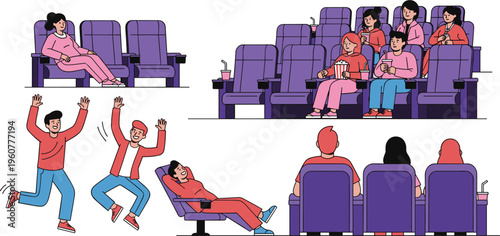 People watching movie in cinema theater with popcorn, relaxing, cheering and enjoying film entertainment flat vector illustration set